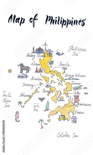 Map of attractions of Philippines, watercolor hand drawn, illustration
