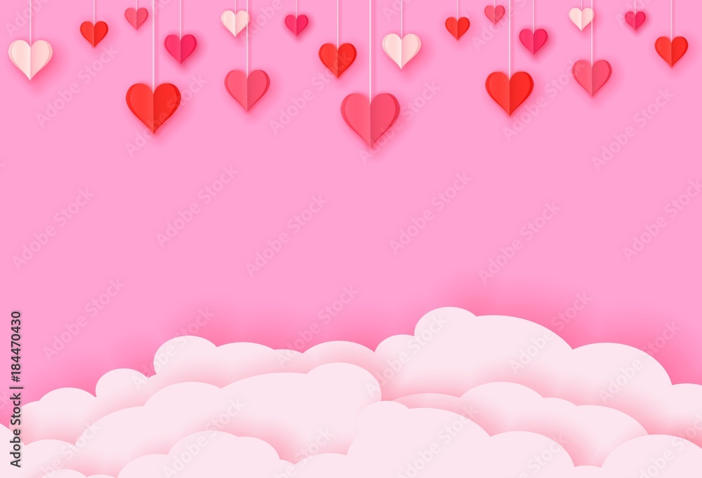 3d paper cut illustration of hanging red and pink paper hearts on pink background with clouds. Vector