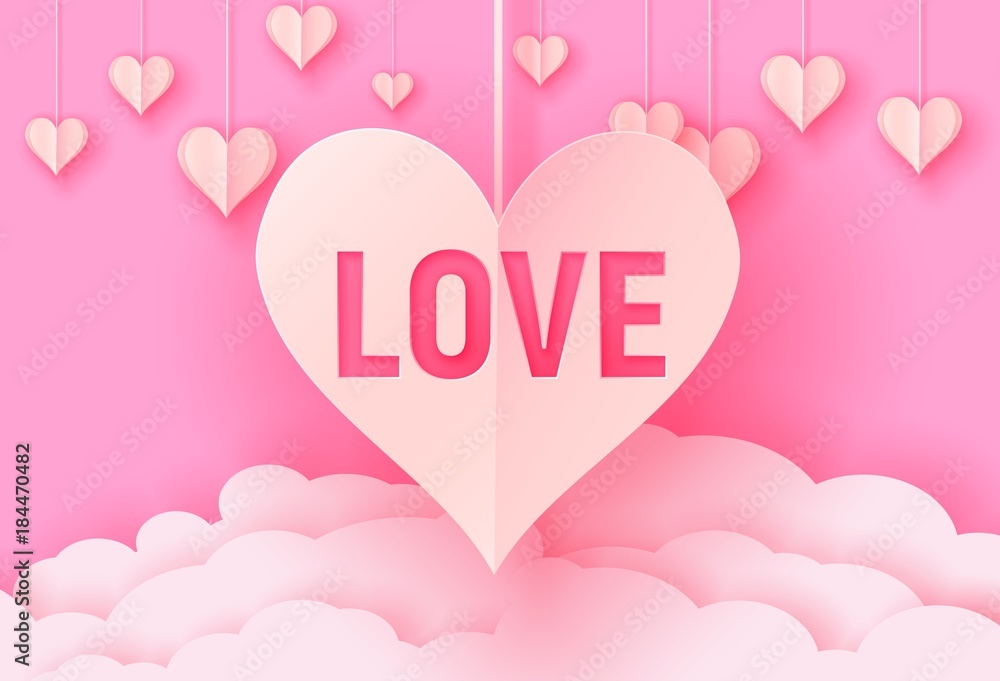 3d paper cut illustration of hanging pink paper hearts on pink background with clouds. Vector
