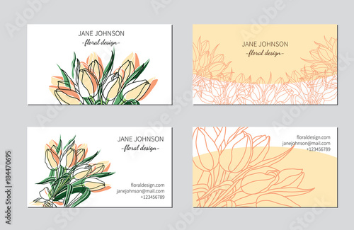 Vector business card set for florist, wedding designer. Hand drawn flower template with tulip bouquet.