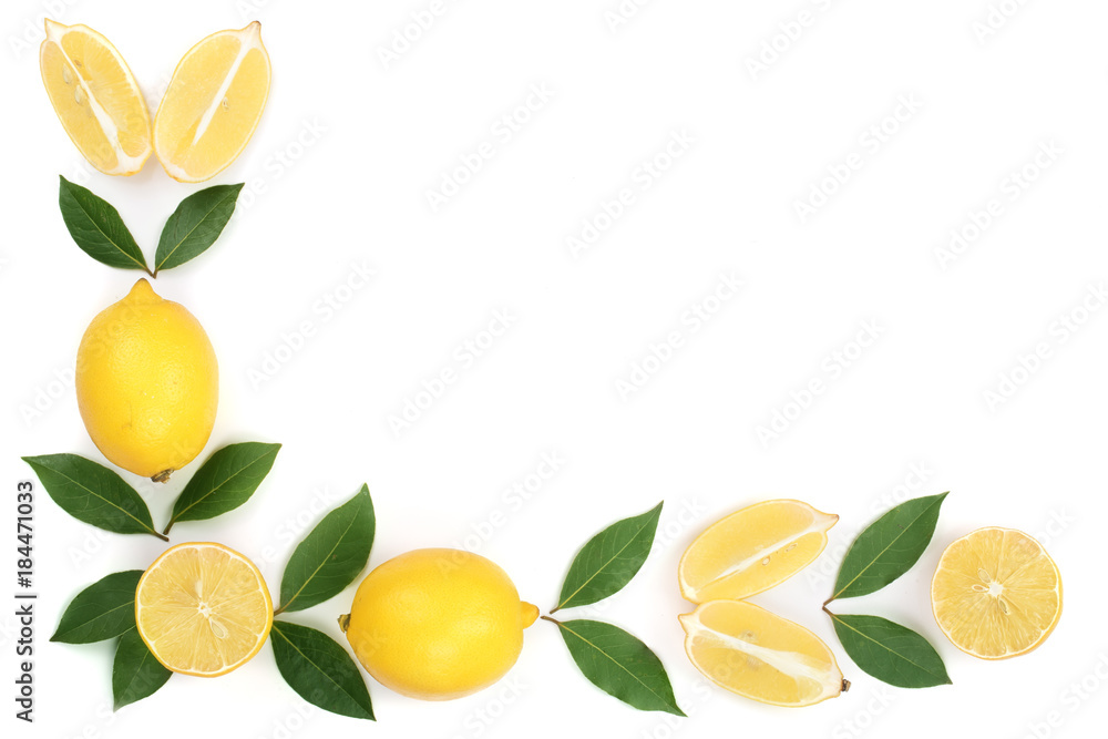 lemon with leaves and slices isolated on white background with copy space for your text. Flat lay, top view lemon with leaves and slices isolated on white background with copy space for your text. Flat lay, top view