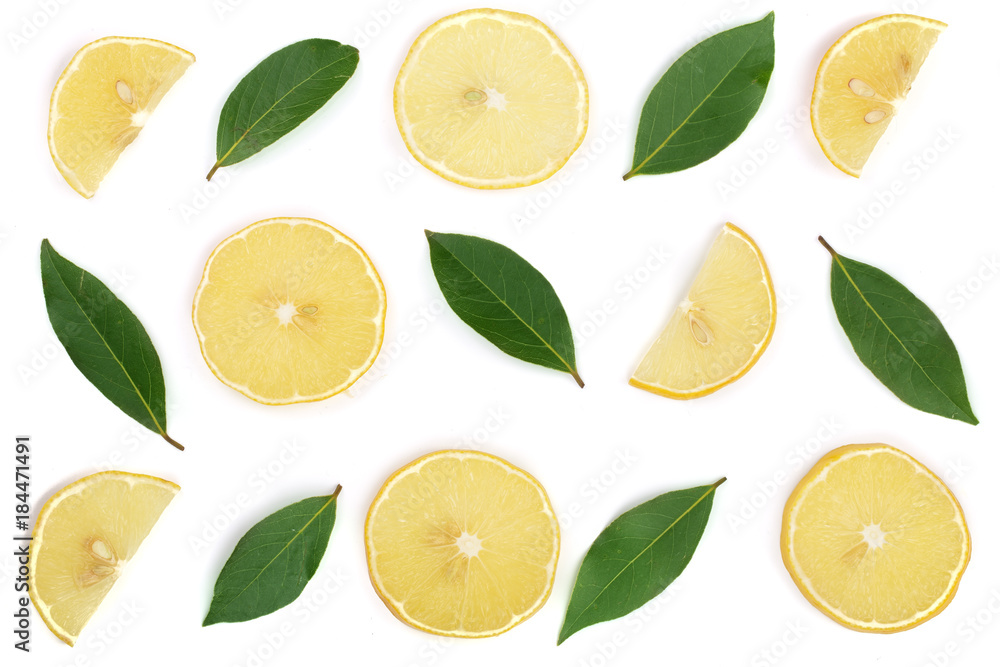 Slices lemon with leaves isolated on white background. Flat lay, top view