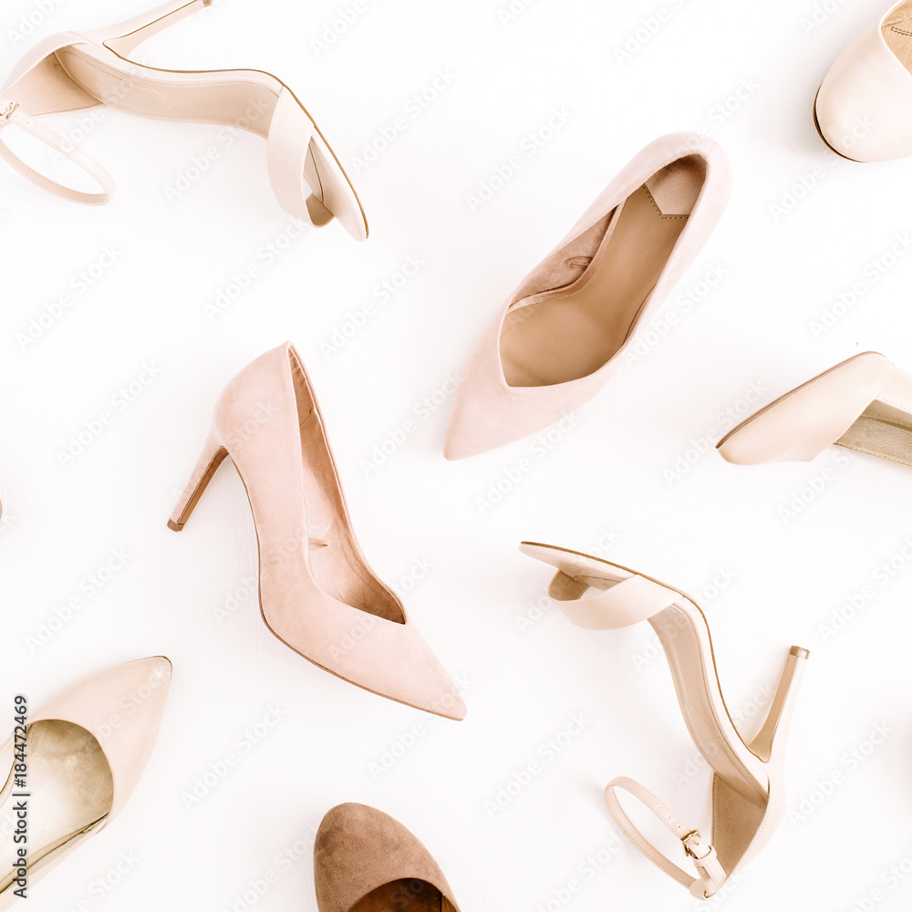 Fashion blog look. Pale pink women high heel shoes on white background.  Flat lay, top view trendy beauty female background. Stock Photo | Adobe  Stock