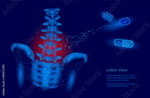 Human spine hip lumbar radiculitis pain low poly. Geometric polygonal particle triangle point line future medicine technology blue red painful area vector illustration