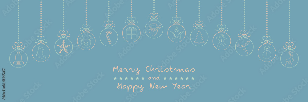 Naklejka premium Panoramic Christmas ornaments with hand drawn elements and wishes 