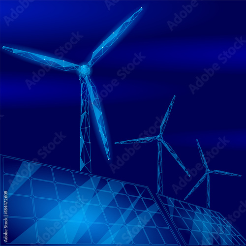 Solar panels windmills turbine generating electricity. Green ecology saving environment. Renewable power low poly polygonal geonetric dark blue sky design vector illustration