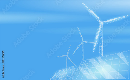 Solar panels windmills turbine generating electricity. Green ecology saving environment. Renewable power low poly polygonal geonetric blue sky design vector illustration photo