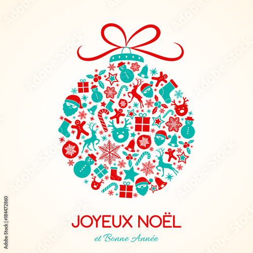 Joyeux Noel - Merry Christmas in French. Christmas card with ornaments. Vector. 