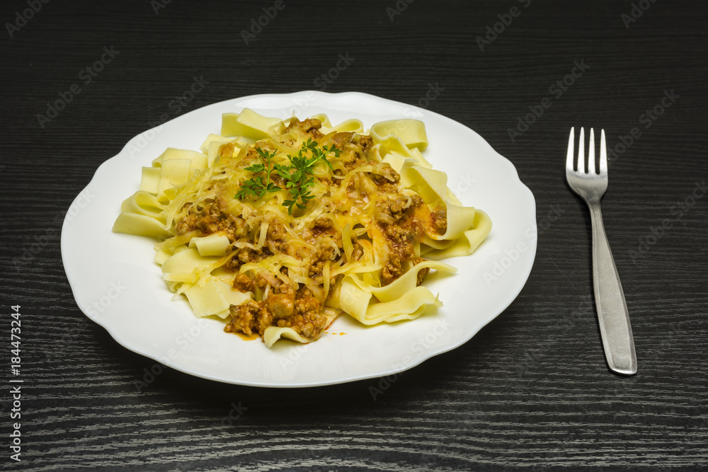 Lunch - Pasta with minced meat and grated yellow cheese. Lunch - Pasta with minced meat and grated yellow cheese.