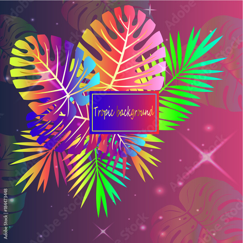 Bright neon tropical leaves close-up on pink gradient background with glitter...