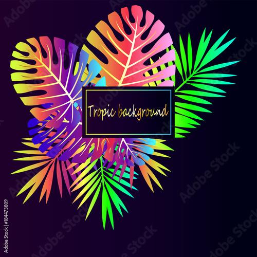 Neon tropical leaves on a blue gradient background - an idea for a tropical b...