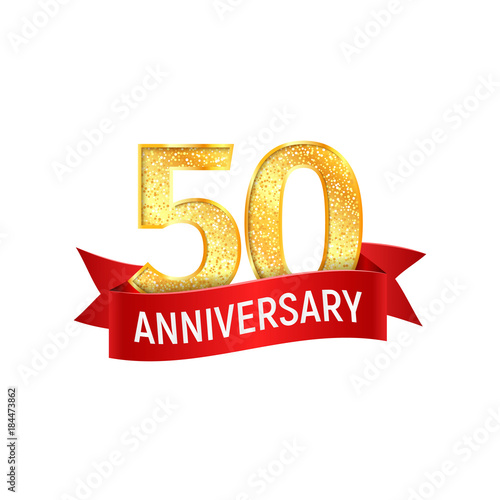 Fiftieth year anniversary with red ribbon vector illustration. Golden shiny holiday numbers isolated template