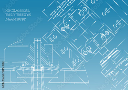 Blueprints. Mechanical construction. Technical Design. Engineering Cover. Banner. White and blue