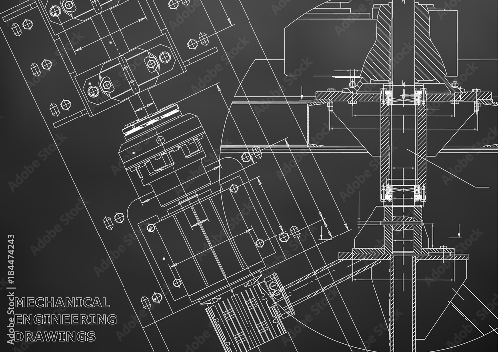 Blueprints. Mechanical engineering drawings. Technical Design. Cover. Banner. Black