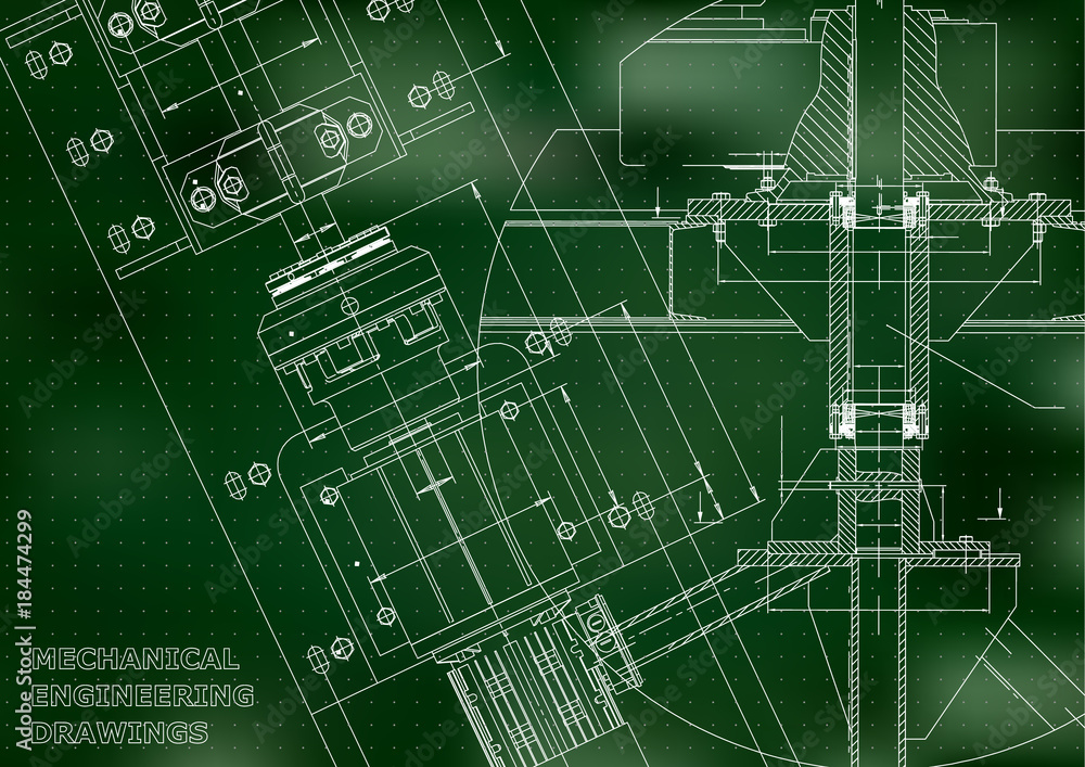 Blueprints. Mechanical engineering drawings. Technical Design. Cover. Banner. Green. Points Blueprints. Mechanical engineering drawings. Technical Design. Cover. Banner. Green. Points