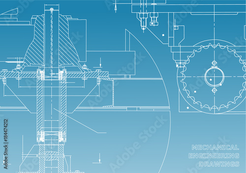Blueprints. Mechanical engineering drawings. Cover. Banner. Technical Design. White and blue