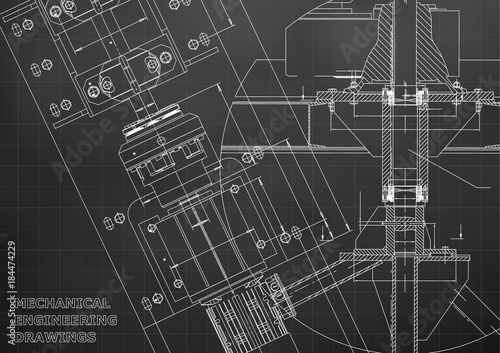 Blueprints. Mechanical engineering drawings. Technical Design. Cover. Banner. Black. Grid