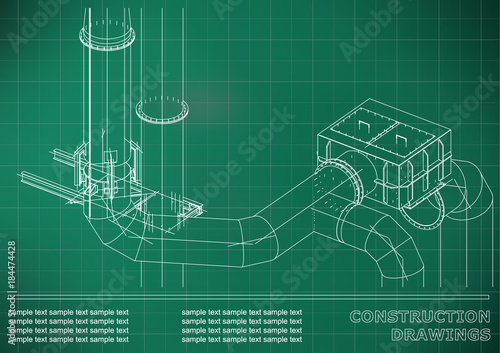 Construction drawings. 3D metal construction. Pipes, piping. Cover, background for text. Light green. Grid