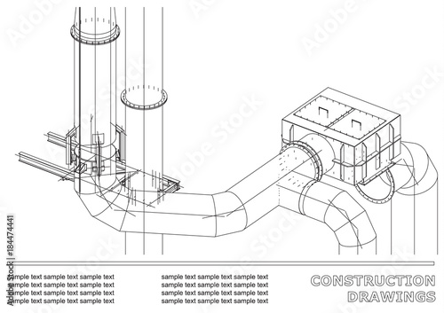 Construction drawings. 3D metal construction. Pipes, piping. Cover, background for text. Black and white