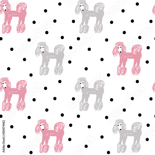 Vector seamless cartoon pattern with poodle. Black, pink. grey and white hand drawn dog pattern for paper, textile, handmade decoration, scrap-booking, polygraphy, t-shirt, cards.