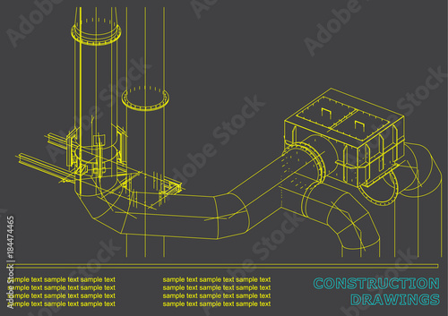 Construction drawings. 3D metal construction. Pipes, piping. Cover, background for text