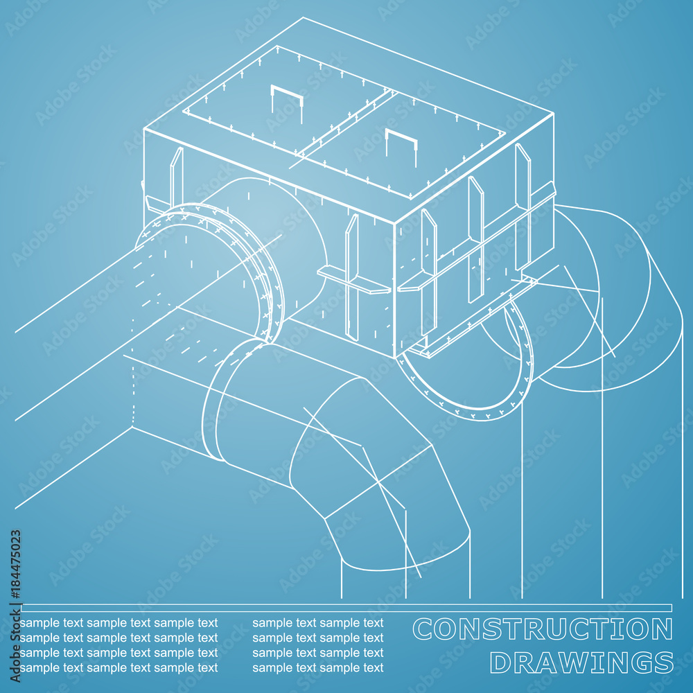 Drawings of structures. Pipes and pipe. 3d blueprint of steel structures. Blue and white