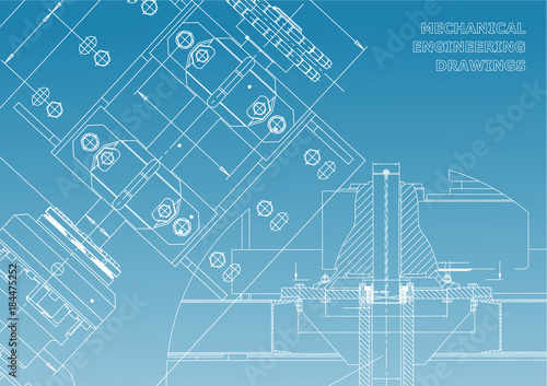Engineering backgrounds. Technical Design. Mechanical engineering drawings. Blueprints. Blue and White