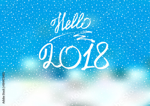 Hello 2018. New Year 2018. New Year's greeting card, cover, banner. Snow drifts. New Year's lights. Snow