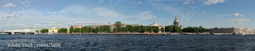 Panorama view of embankment on the Neva river in summer in Saint-Petersburg