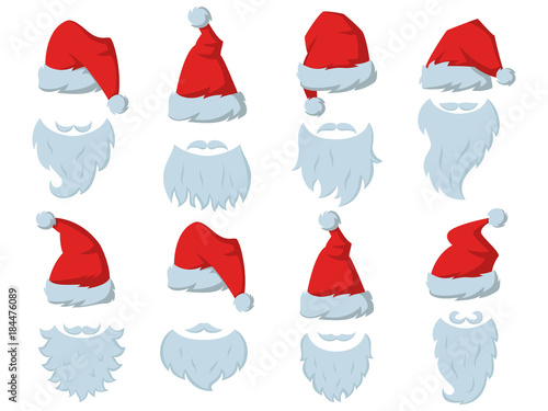 Set of Red hats and beards of Santa Claus.