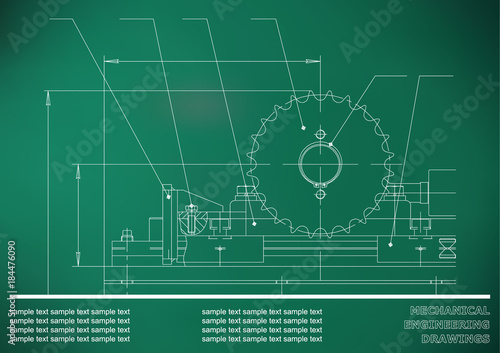 Mechanical drawings. Engineering illustration background. Light green
