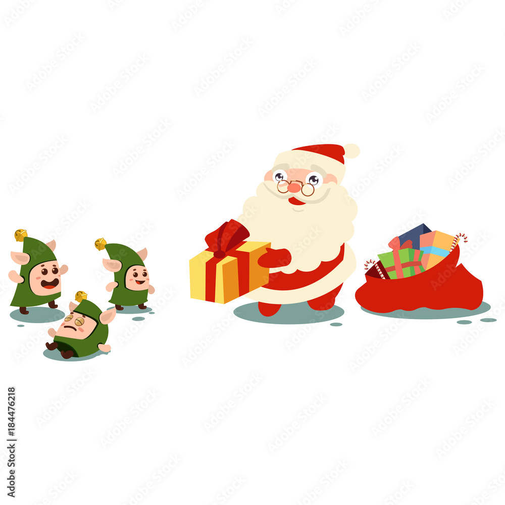 Obraz premium Santa Claus with gifts and cute elves. Vector cartoon character isolated on a white background.