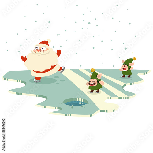 Santa Claus and cute elves skate on the ice. Vector cartoon character isolated on a white background.