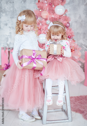 Девочки с подарочными коробками возле розовой ёлки  © shnelly