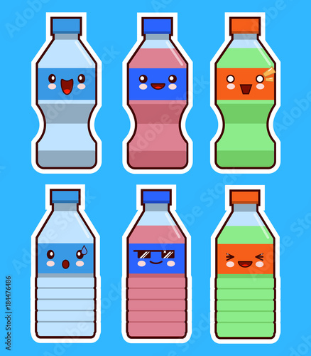 Funny bottle of water and soda kawaii face set. Vector illustration. Vector flat illustration EPS