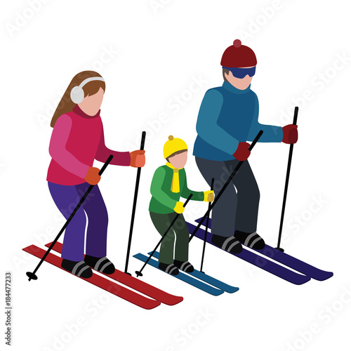 Isometric isolated happy family skiing. Cross country skiing, winter sport. Olimpic games, recreation lifestyle, activity speed extreme