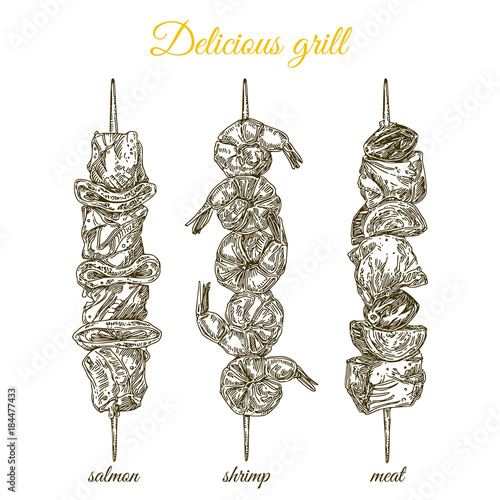 Delicious grilled food on a skewer. Set. Salmon, shrimp and meat. Engraving style. Vector illustration