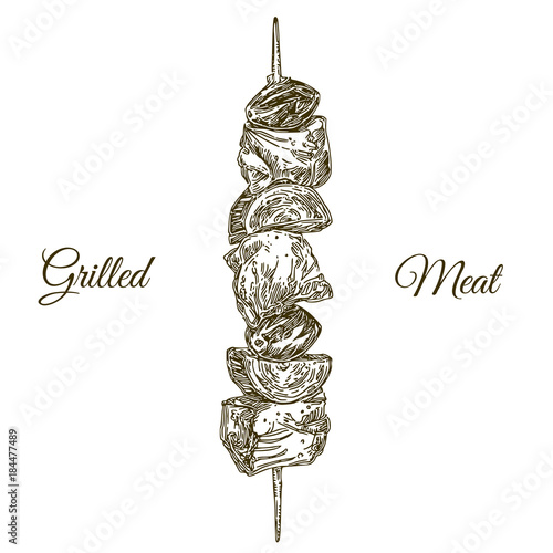 Delicious grilled meat on a skewer. Engraving style. Vector illustration