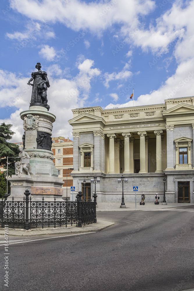 Statue of Reina Maria Cristina de Borbon, dedicated to Queen Maria Cristina de Borbon, fourth wife of Fernando VII and mother of Isabel II, near entrance to Prado Museum in Madrid, Spain, Europe.