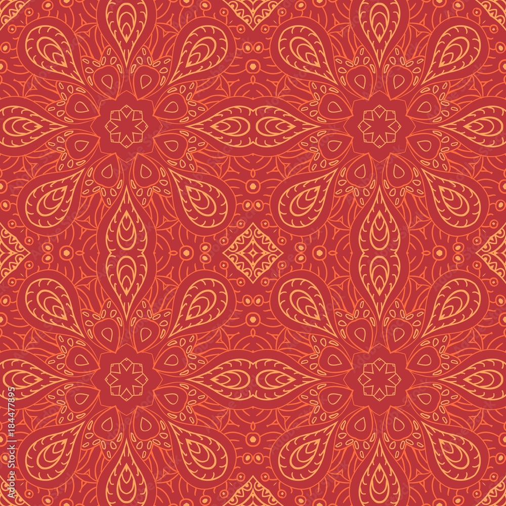 Seamless pattern doodle ornament. Orange background. Ethnic Seamless pattern doodle ornament. Orange background. Ethnic