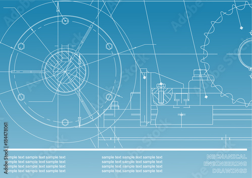 Vector drawing. Mechanical drawings on a blue and white background. Engineering