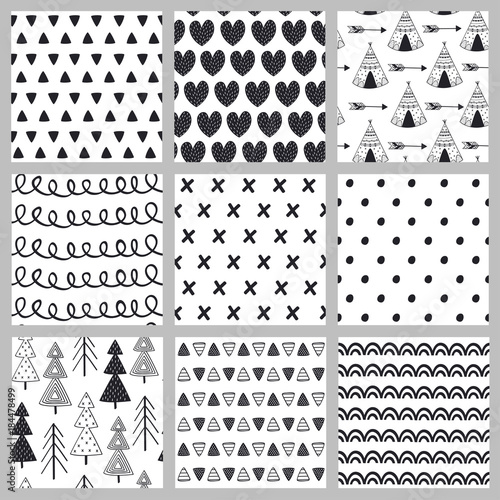 set of seamless pattern black and white in Scandinavian style - vector illustration, eps
