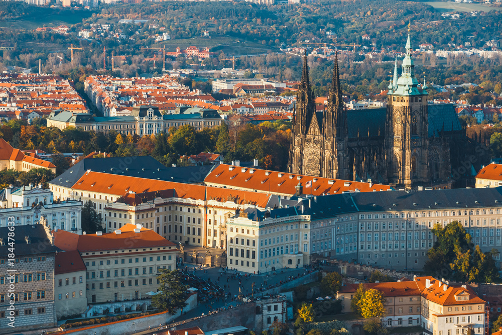 Aerial view of old town in Prague, Czech republic, red tile roofs