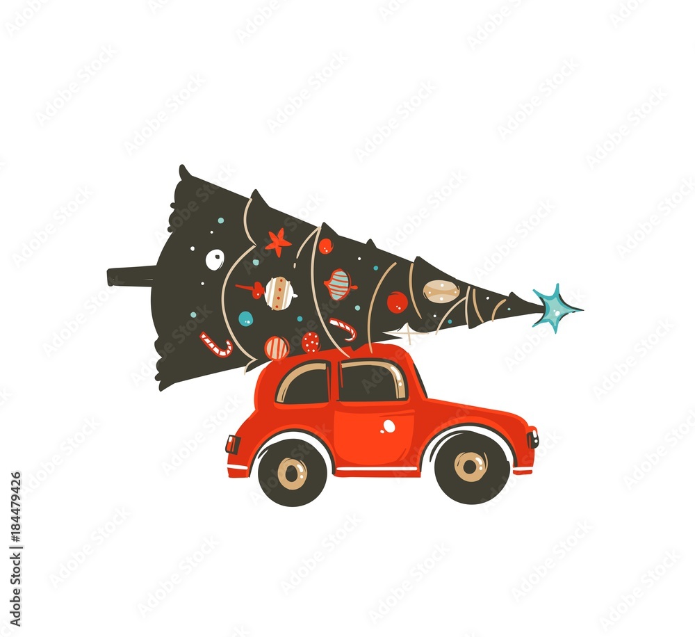 Naklejka premium Hand drawn vector Merry Christmas time cartoon icon graphic illustration design element with red car and xmas tree isolated on white background