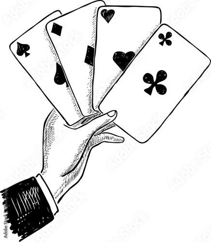 The male hand holds playing cards with aces