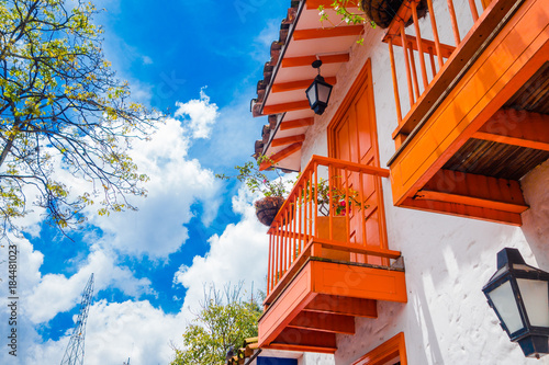 Below view of some colorful buildings in Pueblito Paisa in Nutibara Hill, reproduction of the traditional Colombian township in Medellin city photo