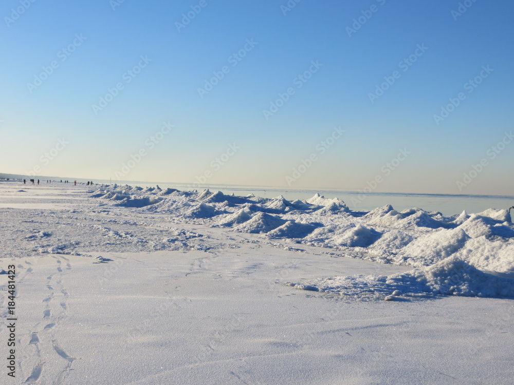 Winter day at the seashore of Riga gulf, Baltic Sea, Jurmala, Latvia