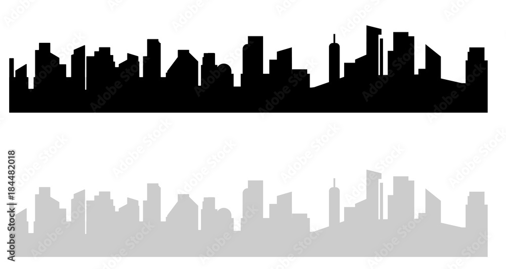 Black and white cityscape. Modern urban view on high house and skyscrapers in big city town. Gray dark vector illustration isolated from background