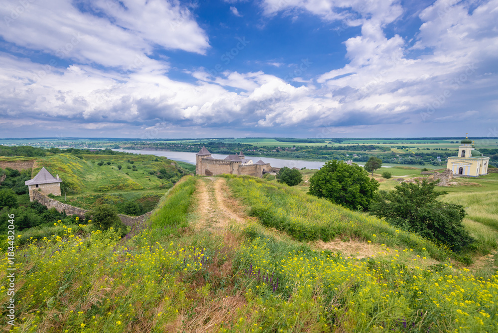Aerial view on a fortification complex Khotyn Fortress in Ukraine