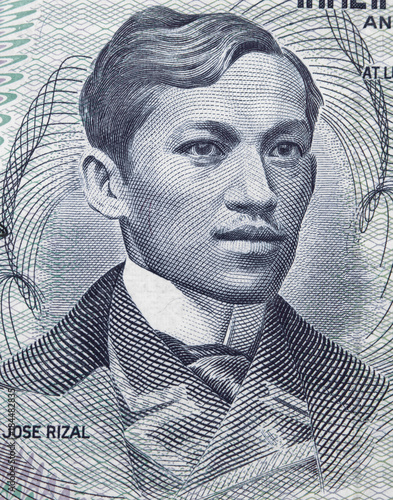 Jose Rizal (1861 –1896) portrait on Philippine 1 piso (1969) banknote closeup macro, national hero of Philippines..